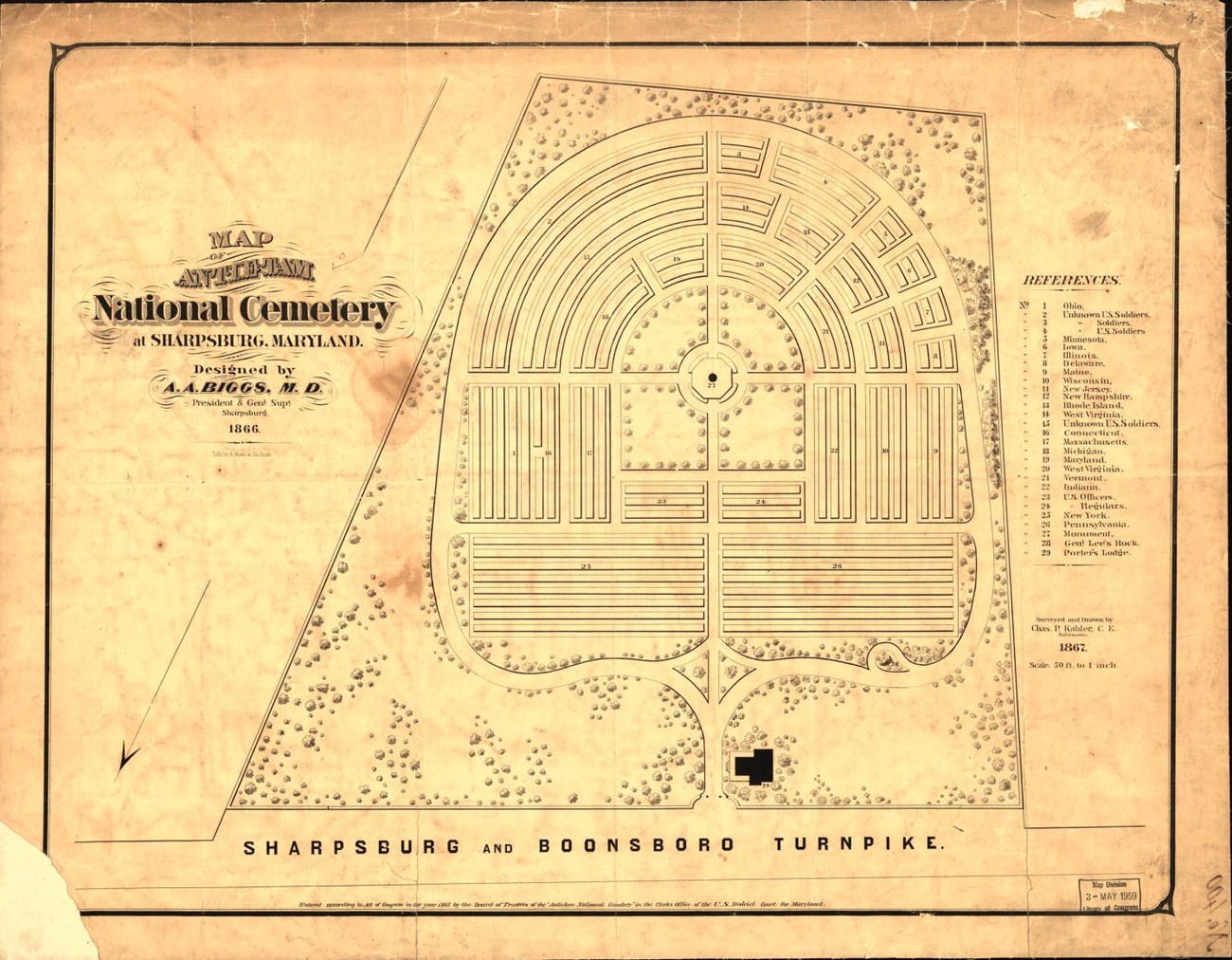 Map of Antietam National Cemetery showing the roads, arrangement of burial areas, structures, and plantings.