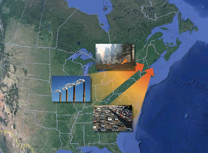 Where does it come from? A map displaying the northeastern United States. Photographs superimposed over the map display sources of pollution: wildfires, power plants, and vehicle traffic.