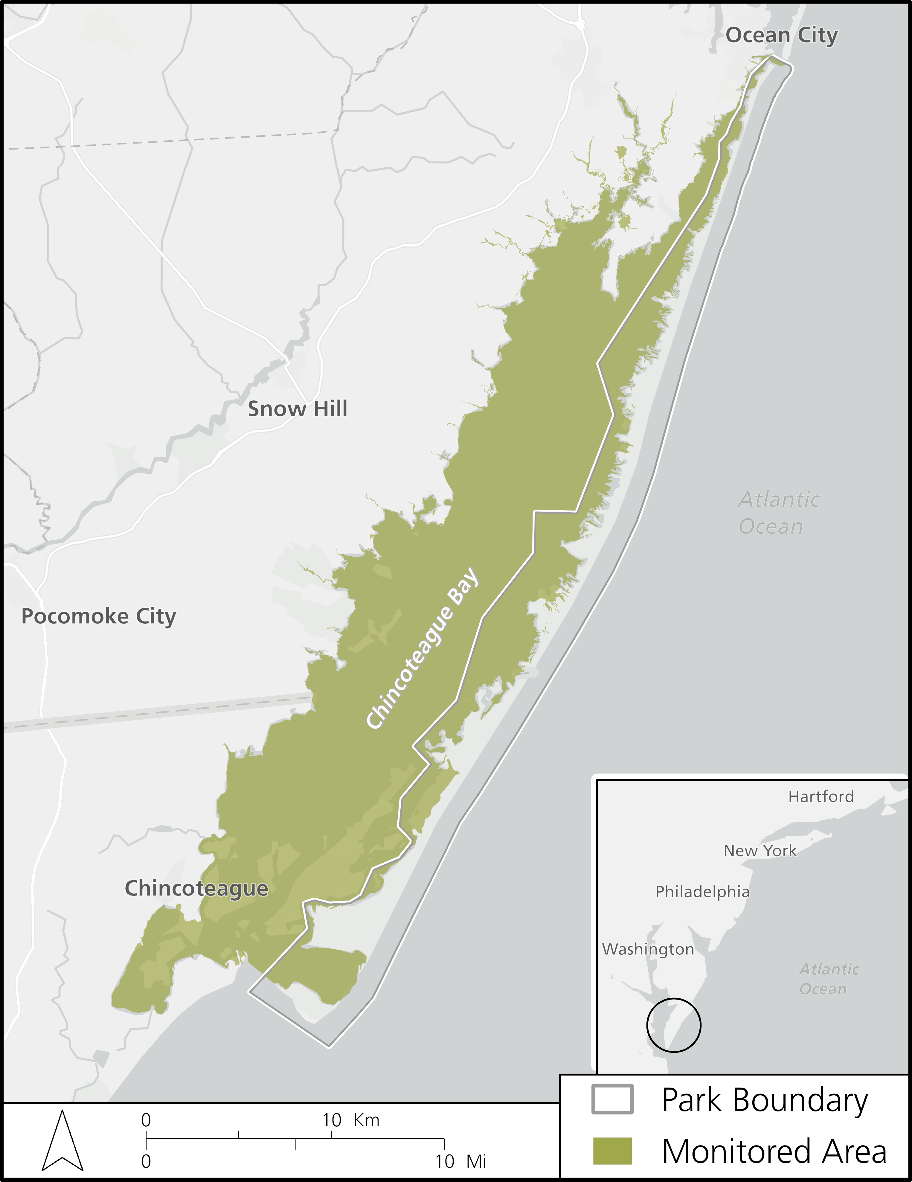 Map of the Assateague Island National Seashore estuarine systems which are monitored for nutrient enrichment, and located in Maryland and Virginia.