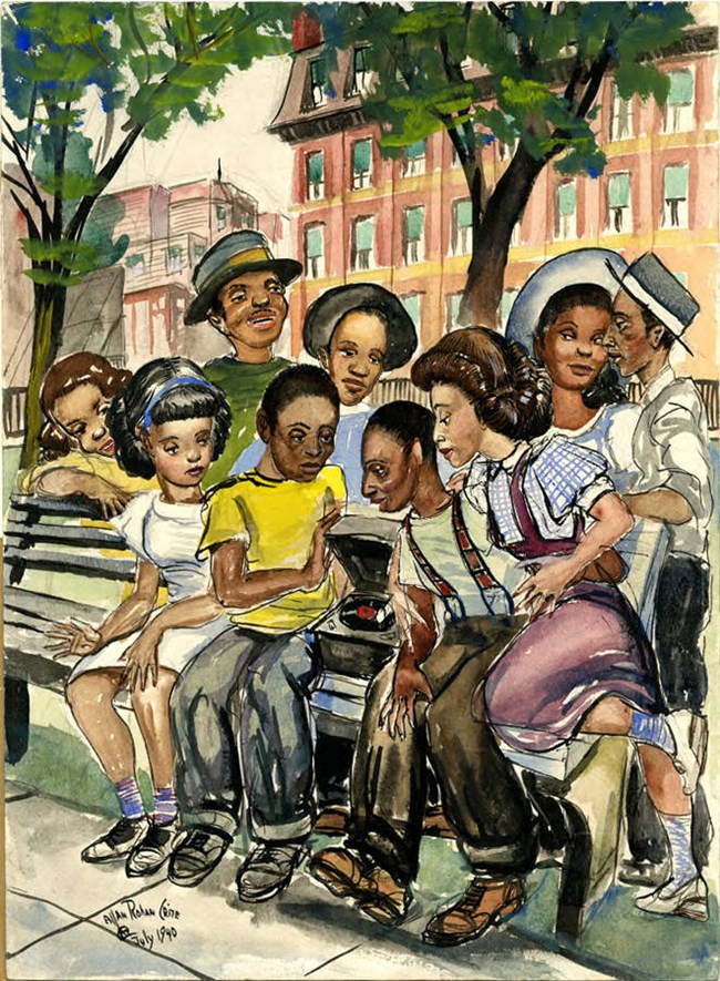 A_Course_in_Music_Appreciation_Crite-Athenaeum Colorful painting of a group of African Americans sitting around a record player on a bench outside.