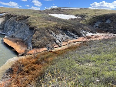 A rusty red tributary joins a blue-water stream in the Arctic.