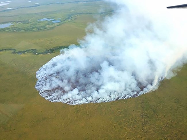 Aerial view of a wildfire burning in the tundra.