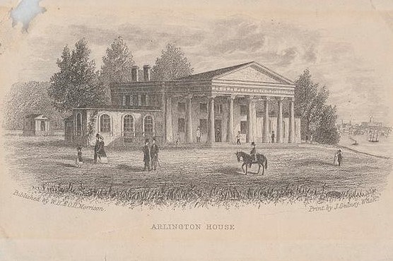 An illustration of Arlington House with people walking in the front, trees in its background.