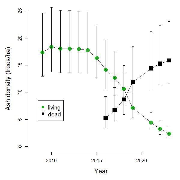 The line graph shows a dramatic decline in living ash starting in 2015, and a consistent increase in dead ash starting in 2015. Further explanation is in the narrative description.