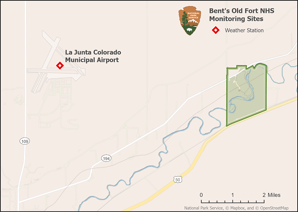 A map of Bent's Old Fort National Historic Site and a weather station west of the park.