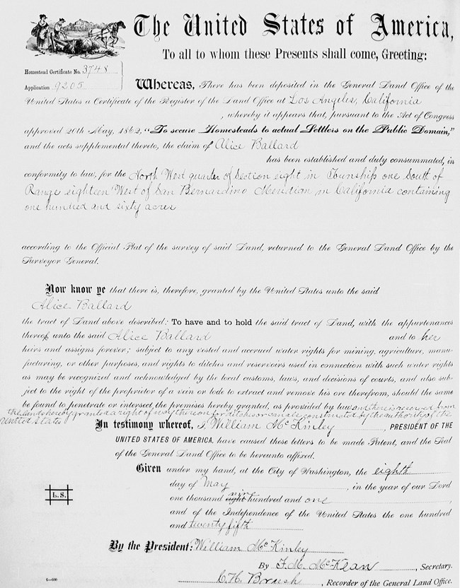 Homestead certificate, a legal record with text explaining that Alice Ballard was granted 160 acres of land in the Santa Monica Mountains in 1901.