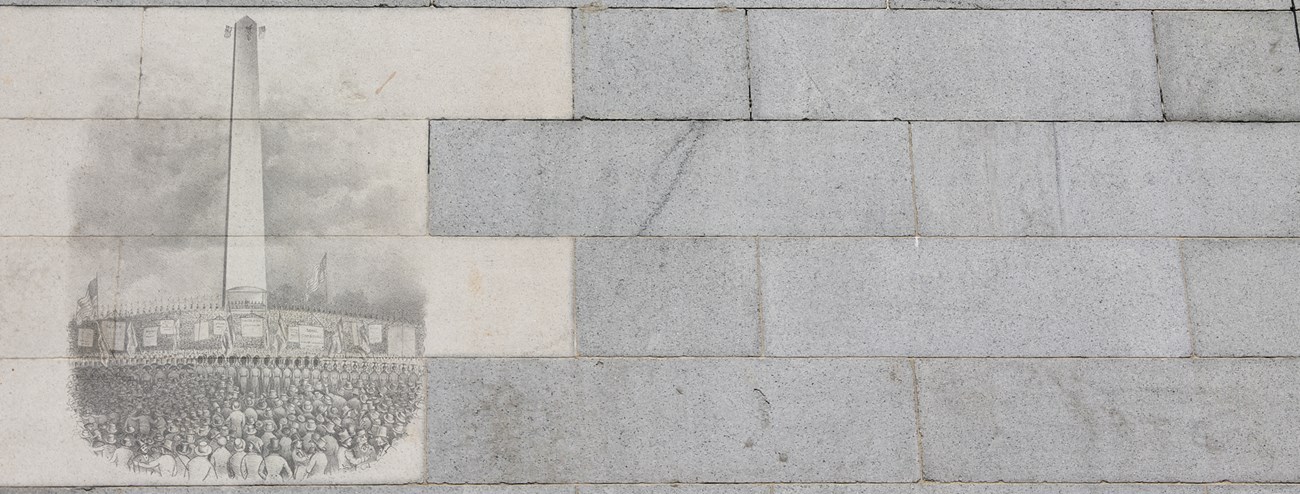 Changing Memories banner photo of granite blocks. some of the blocks are overlayed with a historic image of the Bunker Hill Monument, surrounded by a crowd of people.