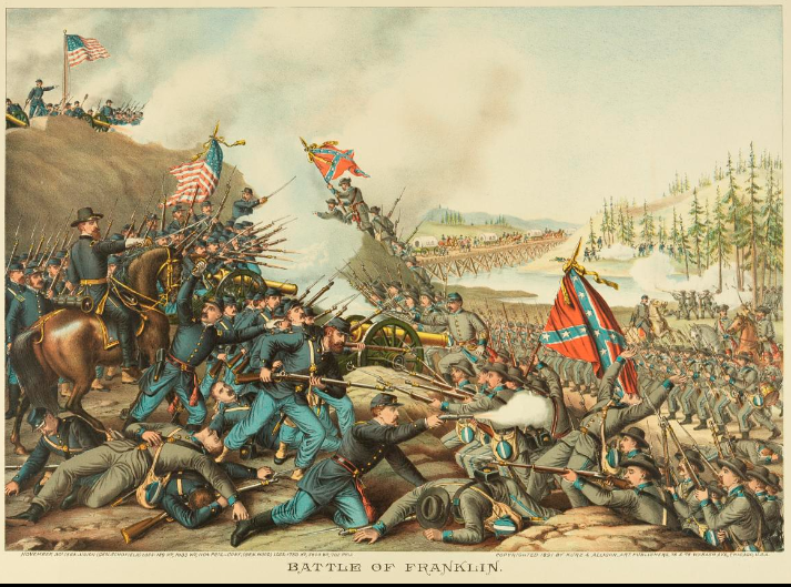 The color image depicts an intense battle with the Union forces in blue on the left with cannon, calvary and armed soldiers in hand-to-hand combat with Confederate forces in grey on the right. The background shows defenses and earthworks lining the river.