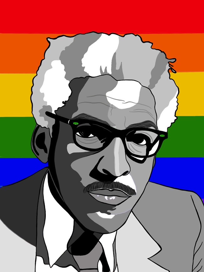 Portrait of civil rights activist Bayard Rustin in front of a rainbow