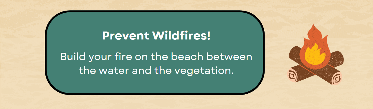 Inforgrapghic of a fire on sand text: Prevent Wildfires Build your fire on the beach between the water and the vegetation.