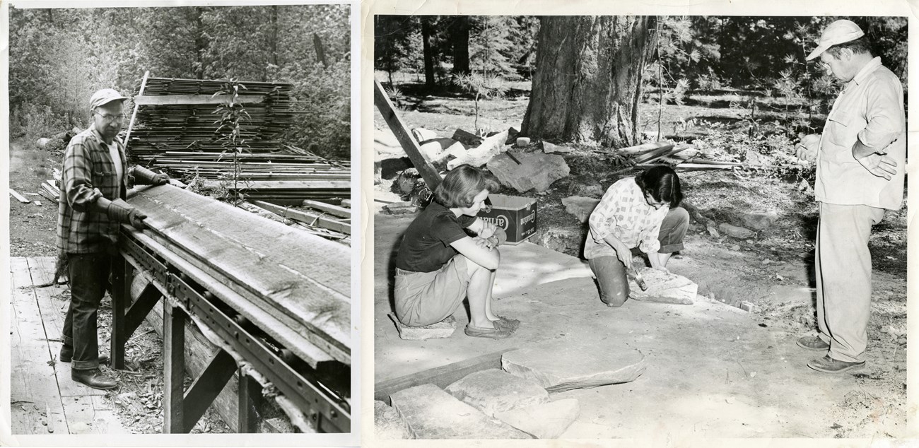 Bells Building House Photos Two photos from the 1950s, the first shows a man in a flannel shirt and jeans moving a stack of boards. The second shows three people on a concrete foundation: a woman sits and chisels a stone, while another woman and man standing look all.