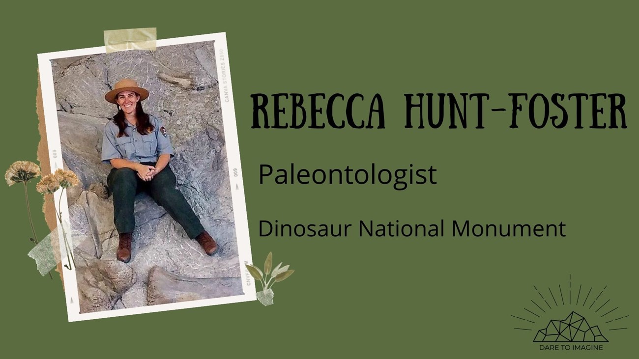 graphic of a woman in a uniform. Text reads Rebecca Hunt Foster, paleontologist