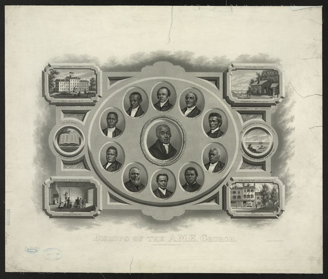 Bishops of AME Church 1876 Portraits of Richard Allen and other African Methodist Episcopal (A.M.E.) bishops.