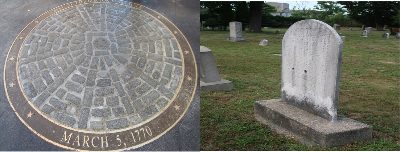 Left: Circular assemblage of stones on the spot of the Boston Massacre. Right: A headstone with two bullet holes in the Moshassuck Cemetery