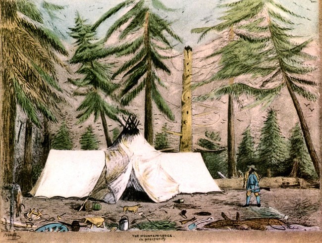 lt= An illustration of a large canvas tent in the forest with downed trees.