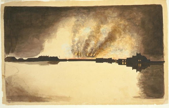 A burning Navy yard at the burning of Washington during the War of 1812