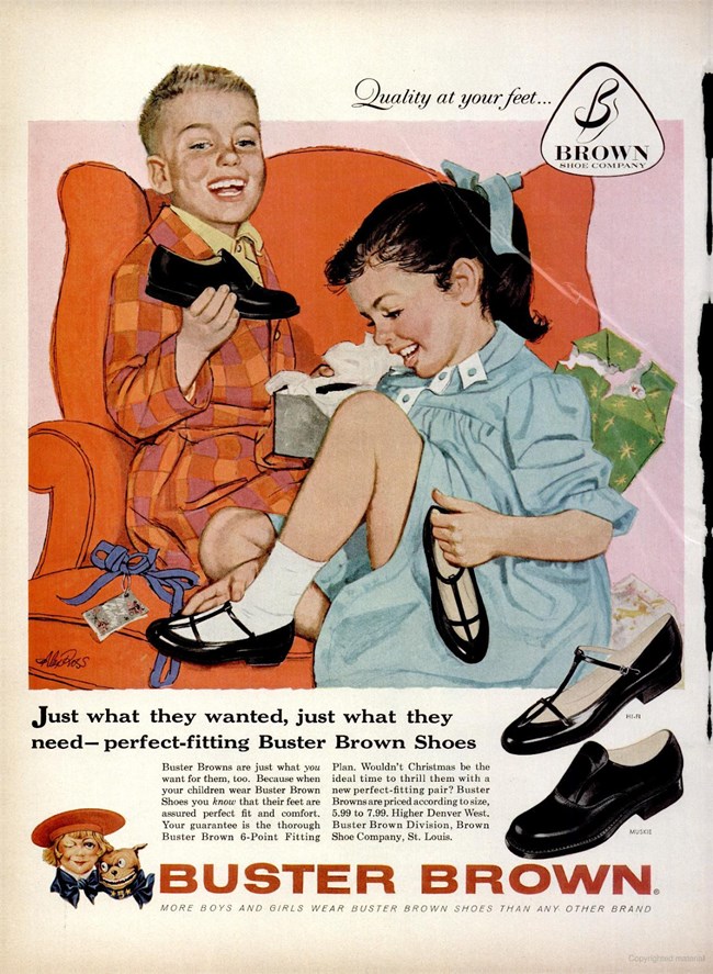A vintage full-page advertisement for Buster Brown shoes