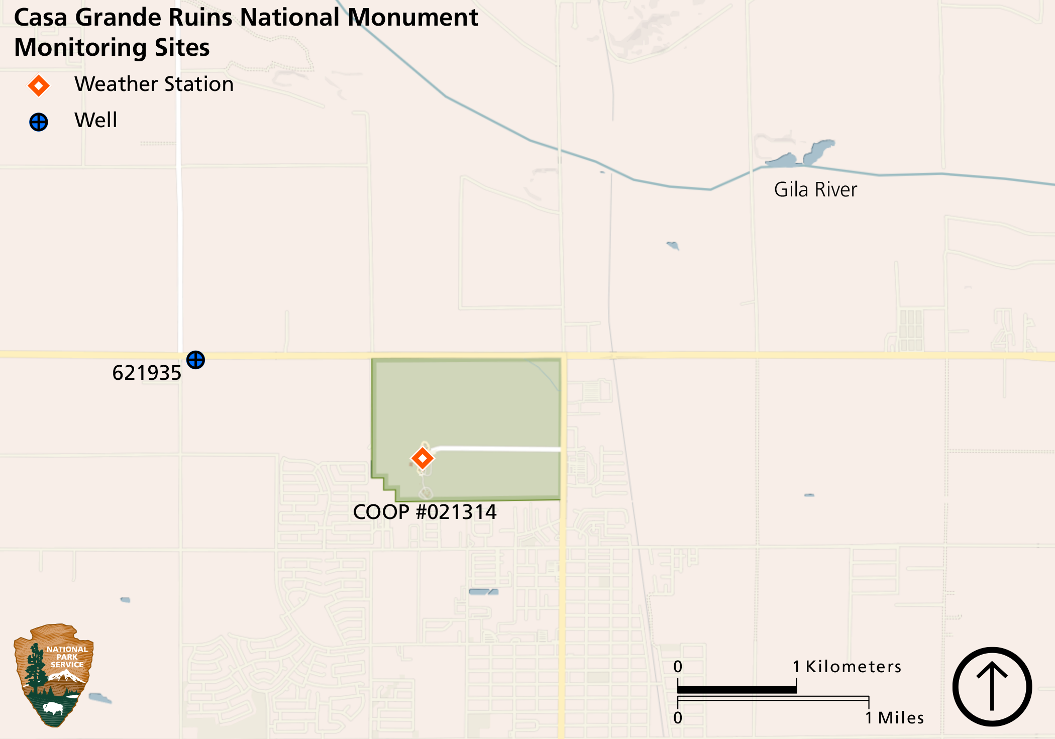 Map of Casa Grande Ruins National Monument of the monitored weather station in the park and the groundwater monitoring well about one mile from the park boundary.