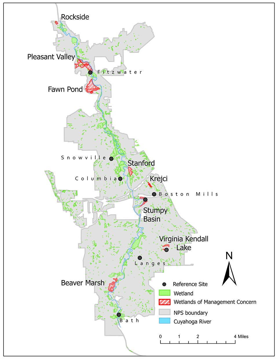 Wetlands map Map of the wetlands monitored in Cuyahoga Valley NP. Most wetlands are close to the Cuyahoga River that winds in a north-south direction through the park.