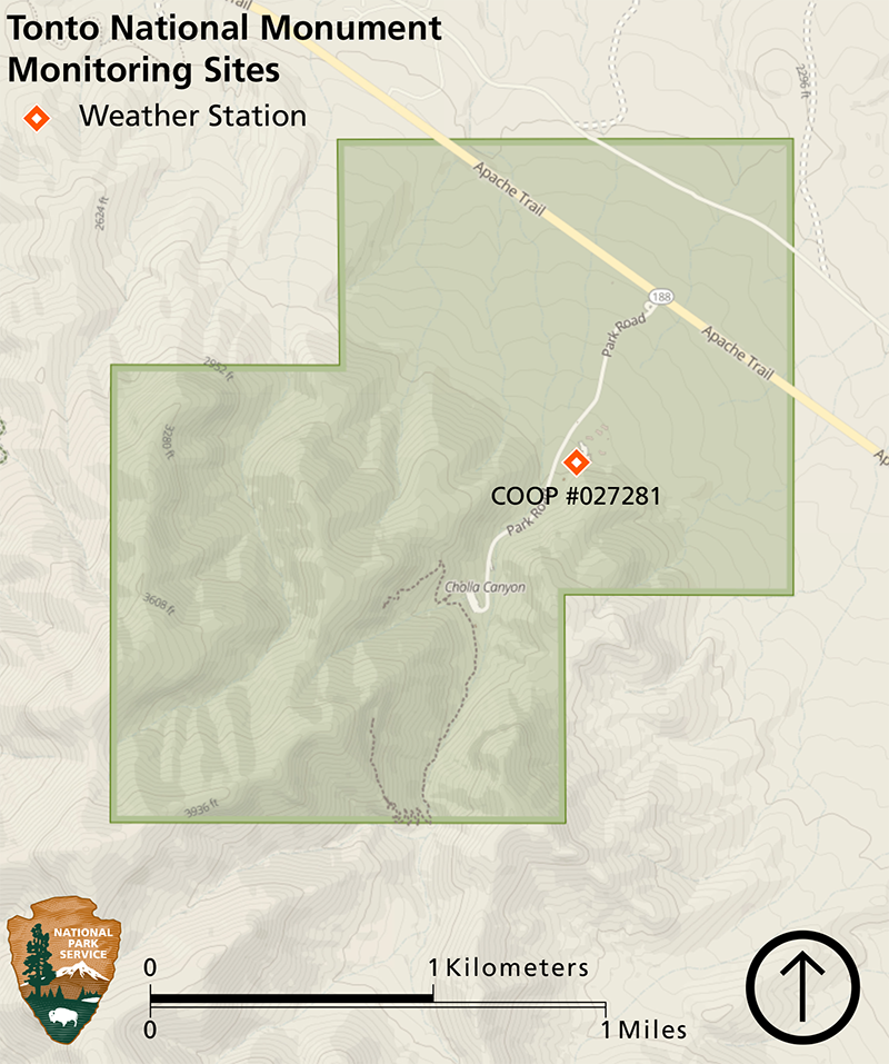Map of Tonto National Monument showing location of weather station near the center of the park.