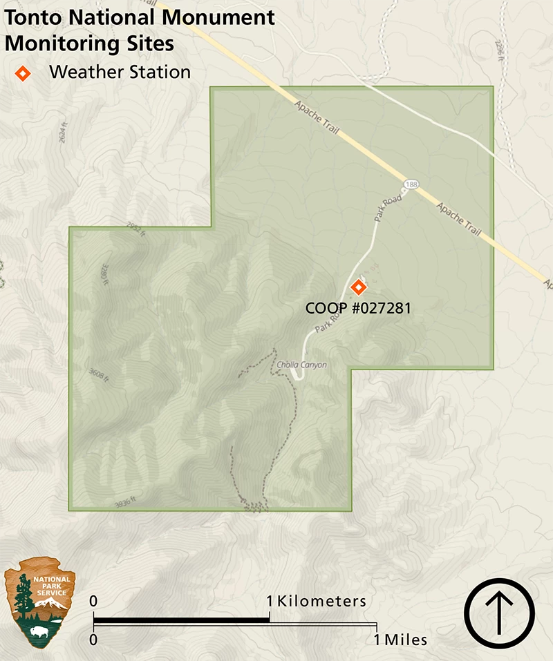 Map Map of Tonto National Monument showing location of weather station near the center of the park.