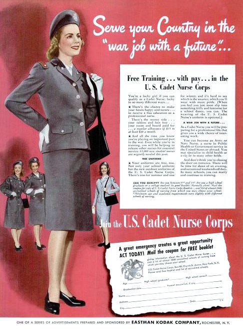 One white, blonde woman in a gray jacket and skirt uniform, a satchel over her shoulder in the foreground with three similar women in the background. The headline reads “Serve your Country in the ‘war job with a future…”