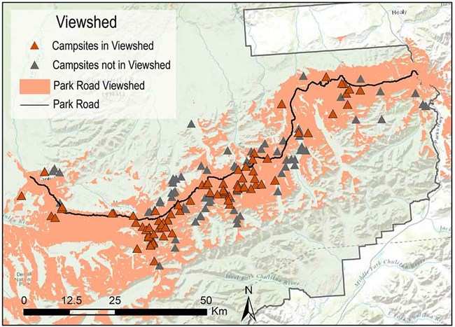 A map showing camping locations in relation to the Denali Park Road and viewshed.