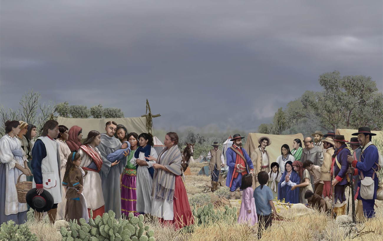 Crowd of Latinos stand in arid environment. One group gathers around a priest holding a newborn, another mourns over the body of its deceased mother.