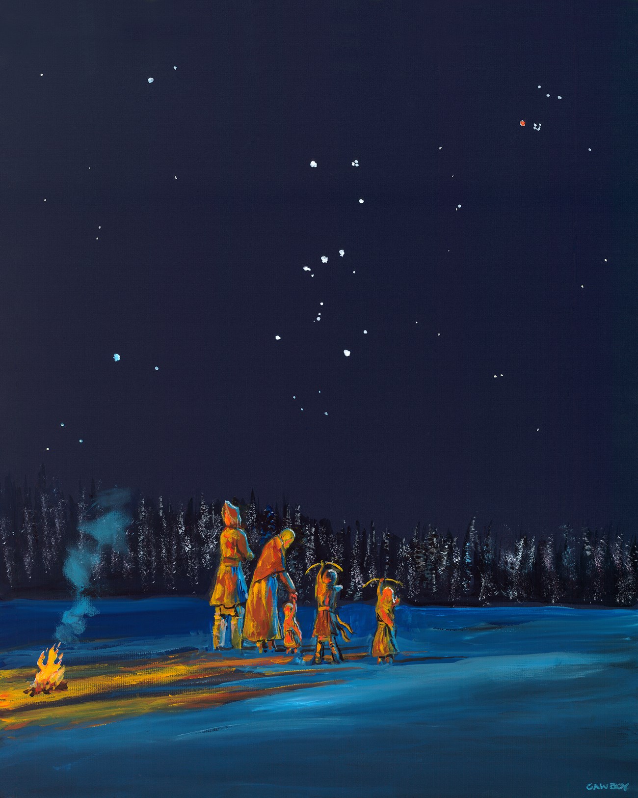 A dark painting with glowing orange figures near a campfire, shooting an arrow toward the sky.