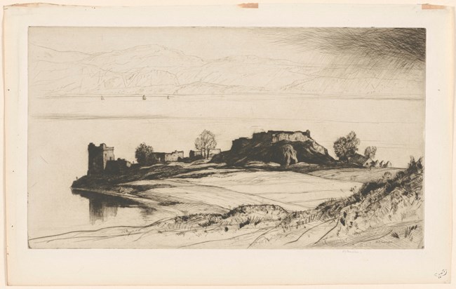 Cameron, David Young, Sir. Castle Urquhart. 1929. Black and white drawing of castle ruin
