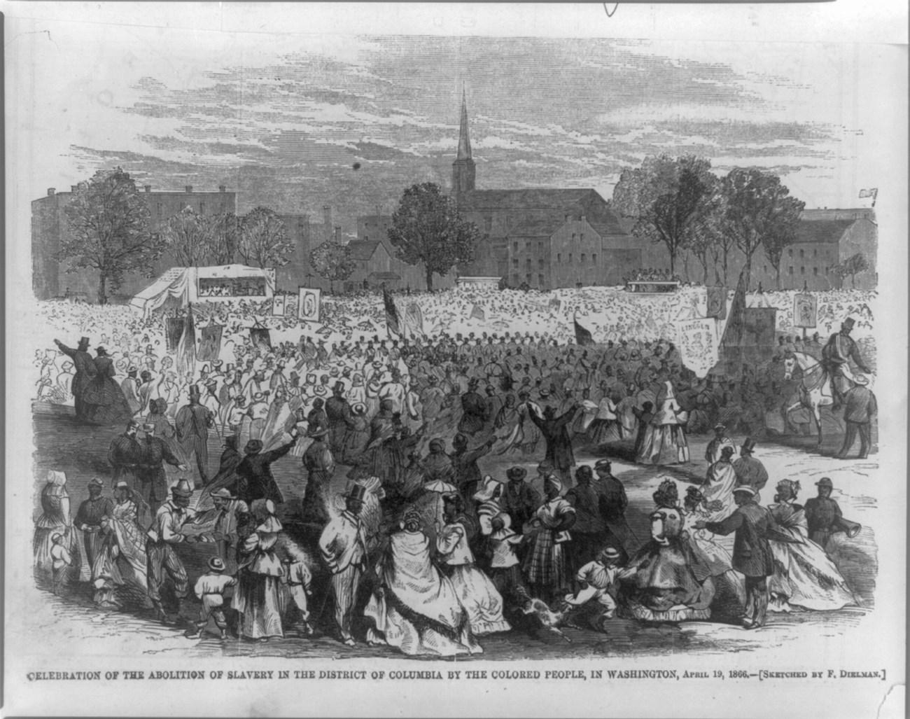 A black and white sketch of a crowd of people celebrating DC Emancipation Day in a city square. The crowd is full of men, women, and children. Many of the people are wearing fancy suits or dresses, while others wear military uniforms. They carry flags and
