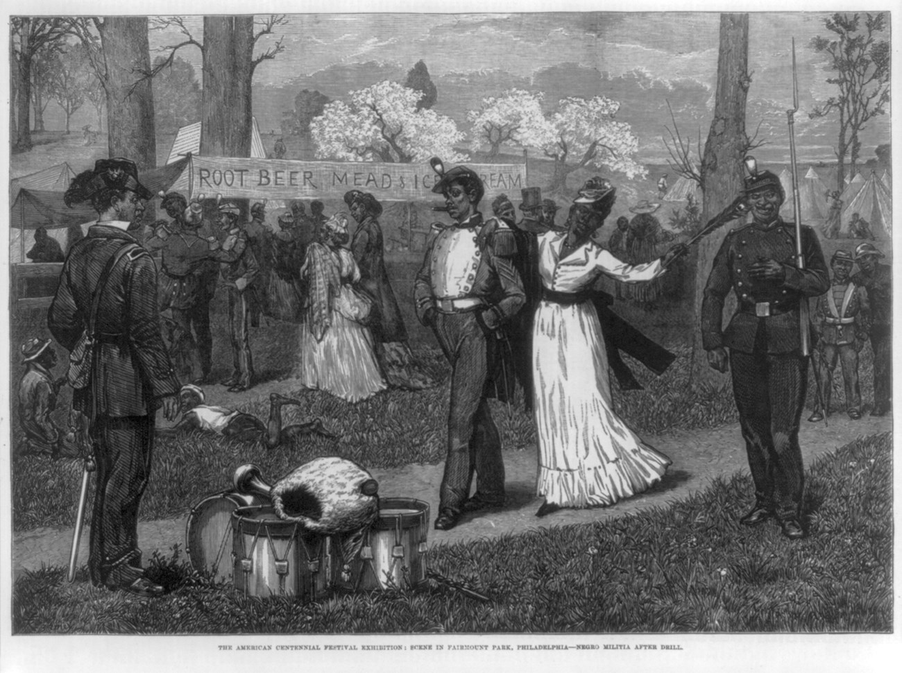 An illustration of uniformed and armed Black militiamen in Fairmount Park, Philadelphia, at the 1876 Centennial Festival, included in an issue of the Illustrated London News.