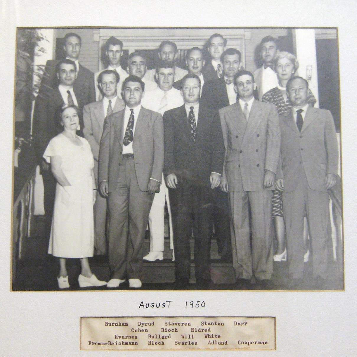 Four rows of people on porch of wooden building, names identified below. Fromm-Reichmann stands in front row on left, only one of  two women in the picture.