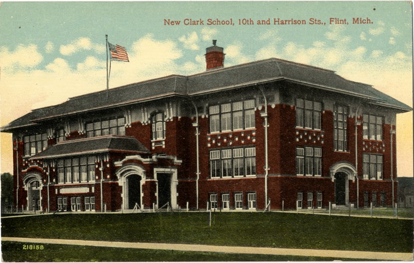 Vintage postcard showing Clark School in Flint, Michigan