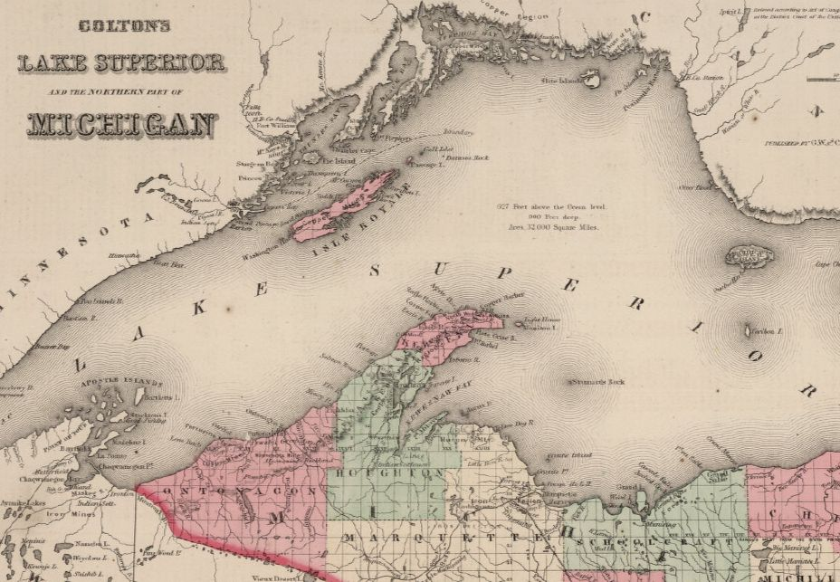 Sepia-toned map of the Lake Superior Region including Western and Central Upper Peninsula of Michigan and Isle Royale. The map includes counties (colored to delineate them), early mines and settlements.