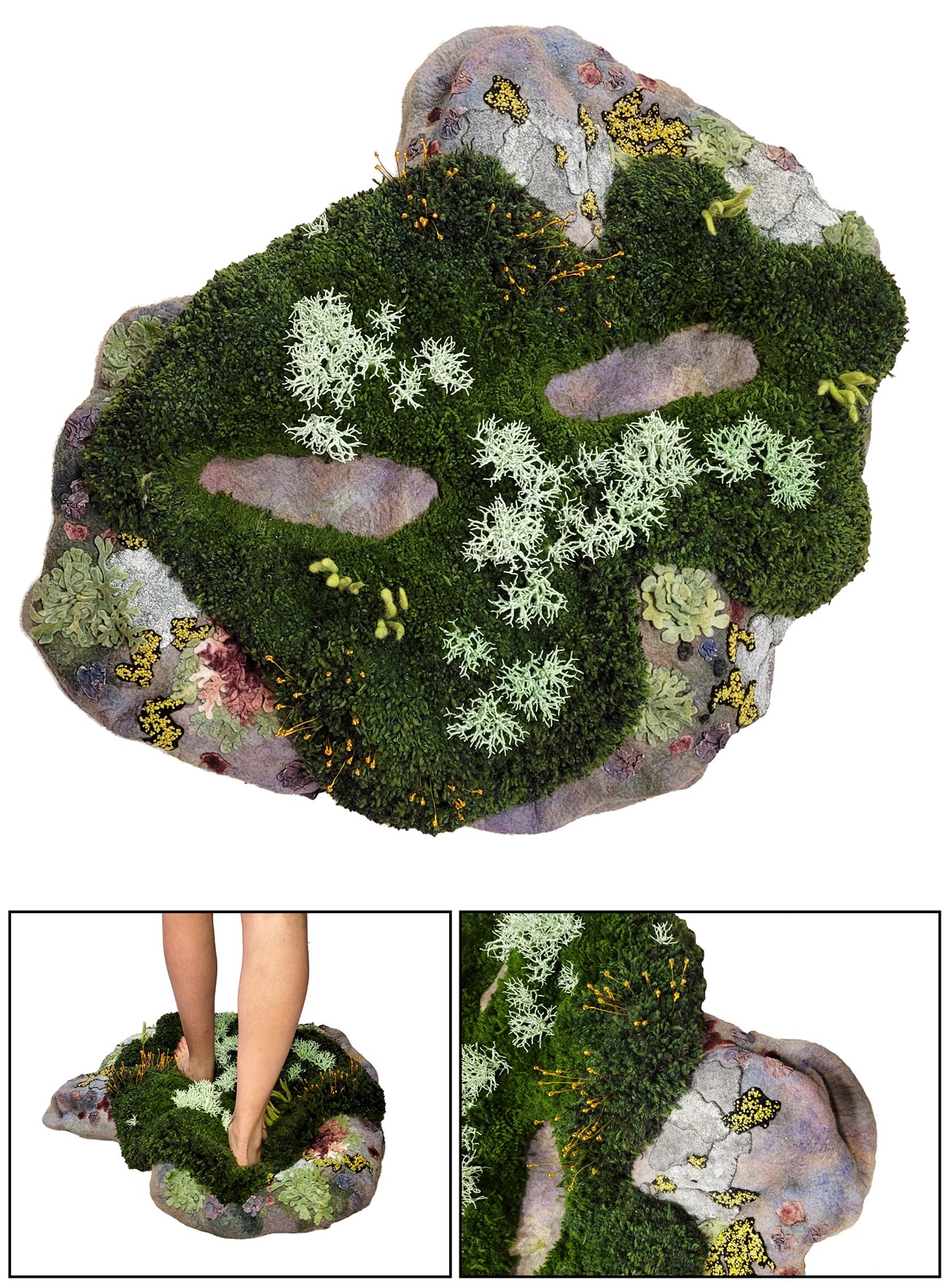 Three images of a textile artwork depicting rocks, plants and lichen Three images of a textile artwork depicting rocks, plants and lichen