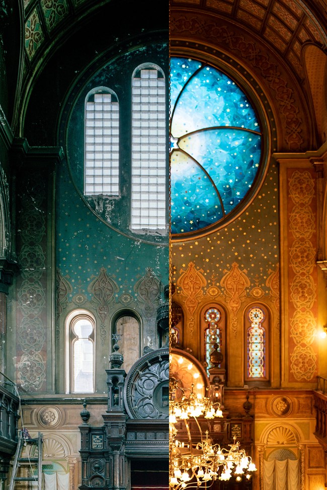 Split photograph of sanctuary. The left half shows the circular window and wall before restoration; the paint is dull and peeling. On the right side showing after restoration, the paint colors are vibrant, and there is a gold chandelier.