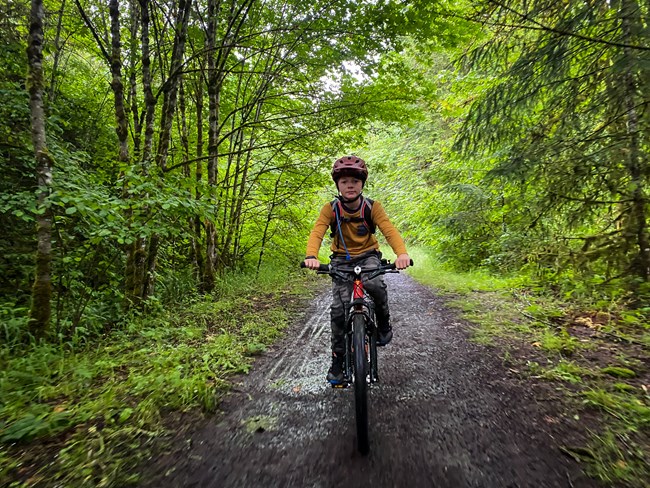 A young boy in a yellow sweater bikes down a gravel road through a lush, green forest.