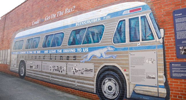 Freedom Riders National Monument Mural of a greyhound bus