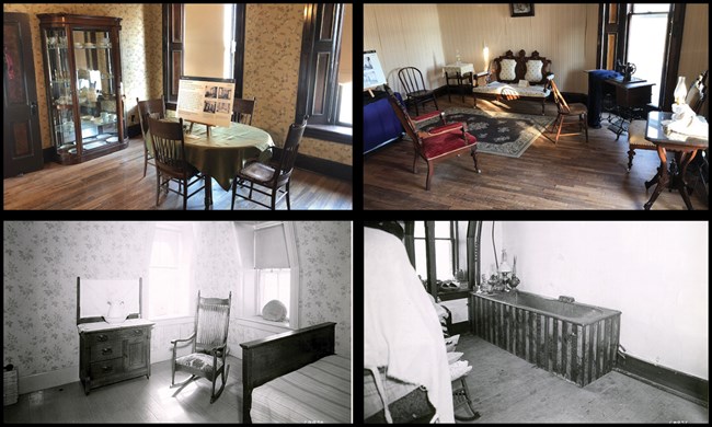 Collage of four images depicting dining room with table, sitting room with sofa and chairs, bedroom with bed, and bathing room with bathtub