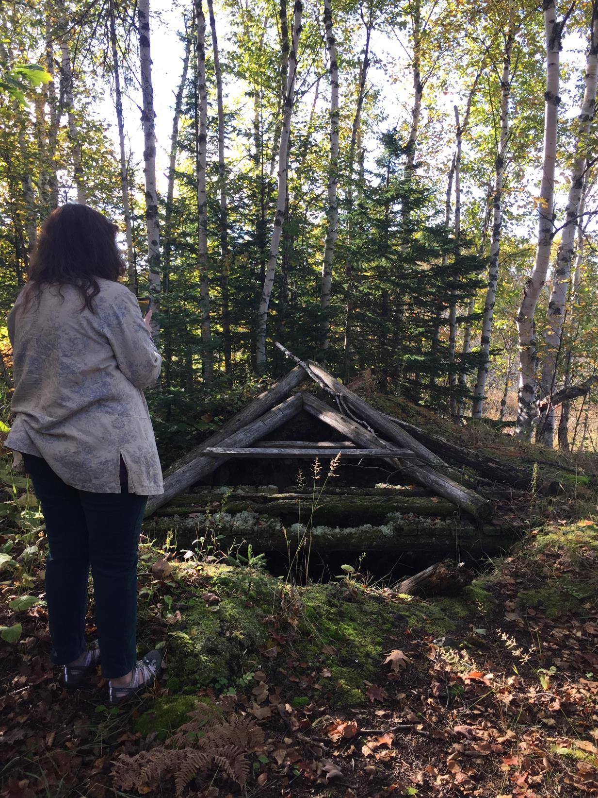 A person stands in front of a collapsed wooden frame which is covering a hole in the ground. Conifers and Birch trees make up the background.