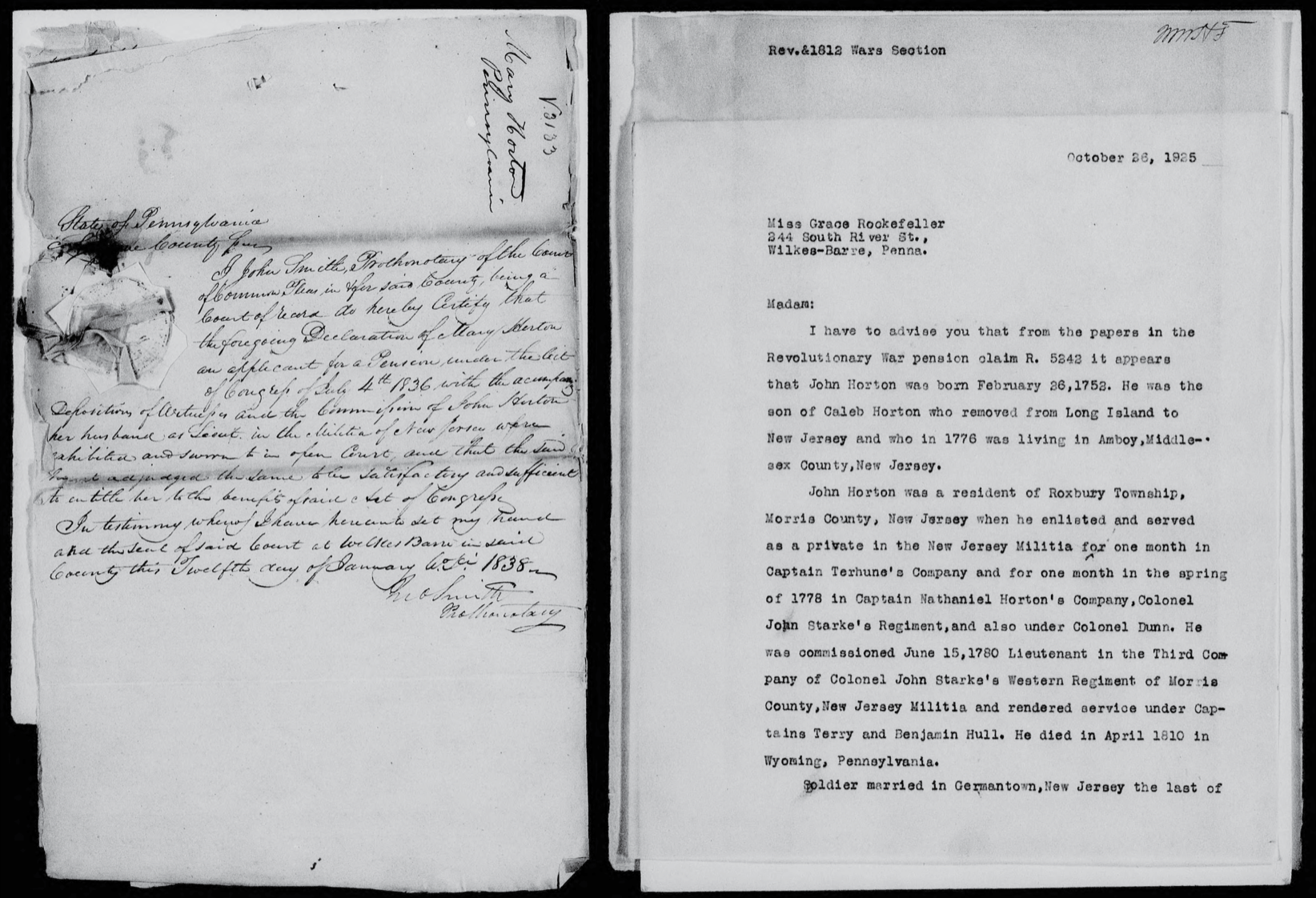 Two historic documents. The page on the left is hand-written in cursive, creased, stained, and hard to read.  The page on the right is neatly typed.