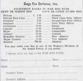 Black and white text showing amounts to donate to get a certain rank (Army/Navy) for your at-home dog. Eg: Private/Seaman $1; Corporal/Second Class Petty Officer $3; Major/Commander $20; Major General/Vice Admiral $75; General/Admiral $100.