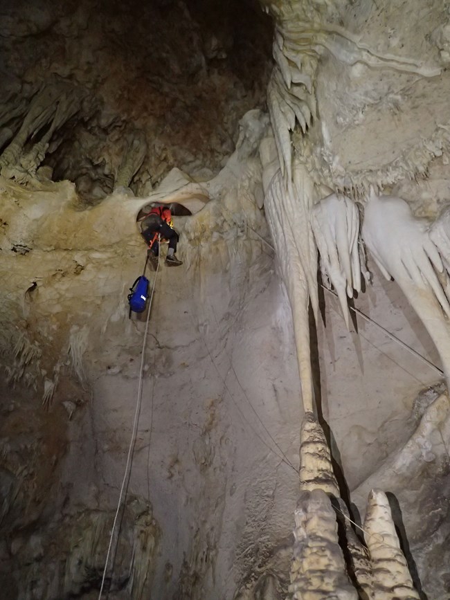 a person climb up a rope above cave formations