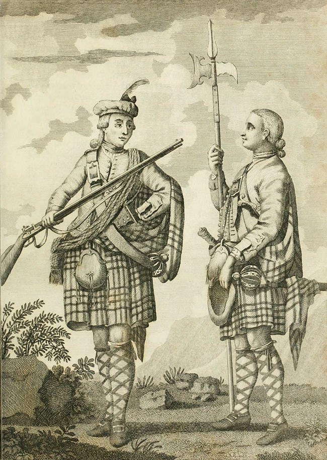 EBBm_k9WwAAHABJ Two men in great kilts. One carries a musket. The other a axe-like weapon. Both have swords at their sides.