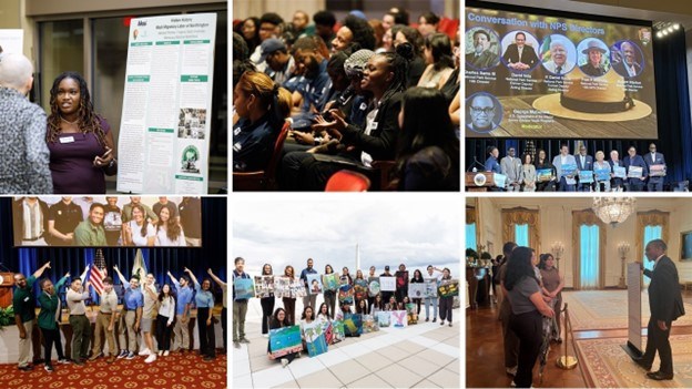 A collage of photos depicting youth presenting and speaking to people