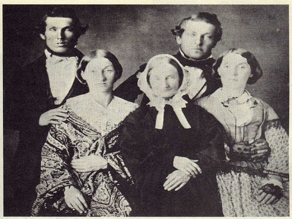 Eliza & children-1855 faded photo. from left to right- man, woman, woman, man, woman