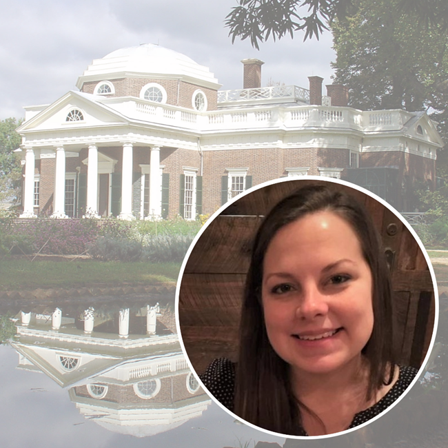 Ellen_MyParkStory In circular inset, smiling brunette woman. In the background is a faded image of a grand, historic brick building with white rotunda and porch with columns, in front of a pond.