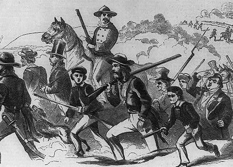 Illustration of militia heading to Harper's Ferry to stop the raid on the armory.