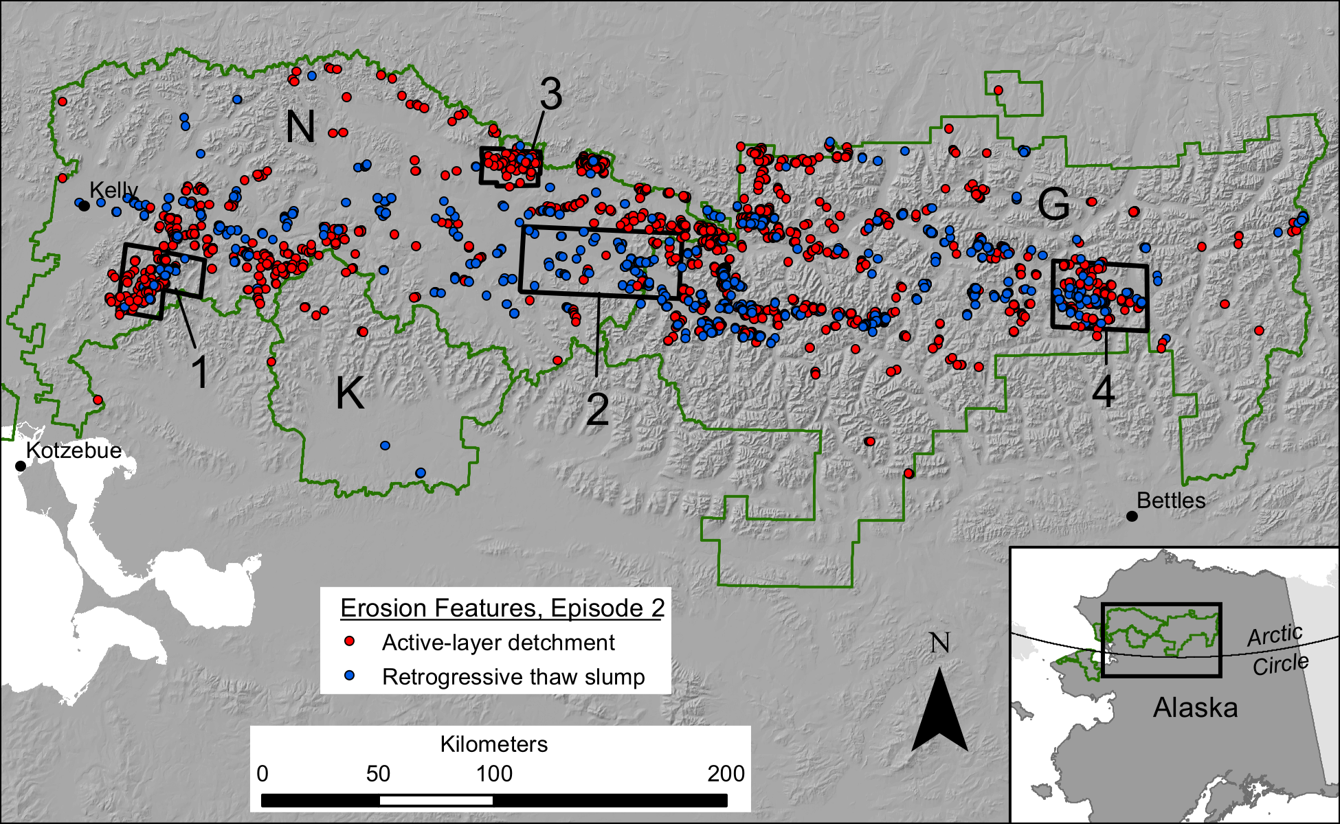 A map of permafrost thaw slumps and slides in the Arctic Network. Hundreds of features are showing mainly in the Noatak National Preserve (N) and Gates of the Arctic National Park and Preserve